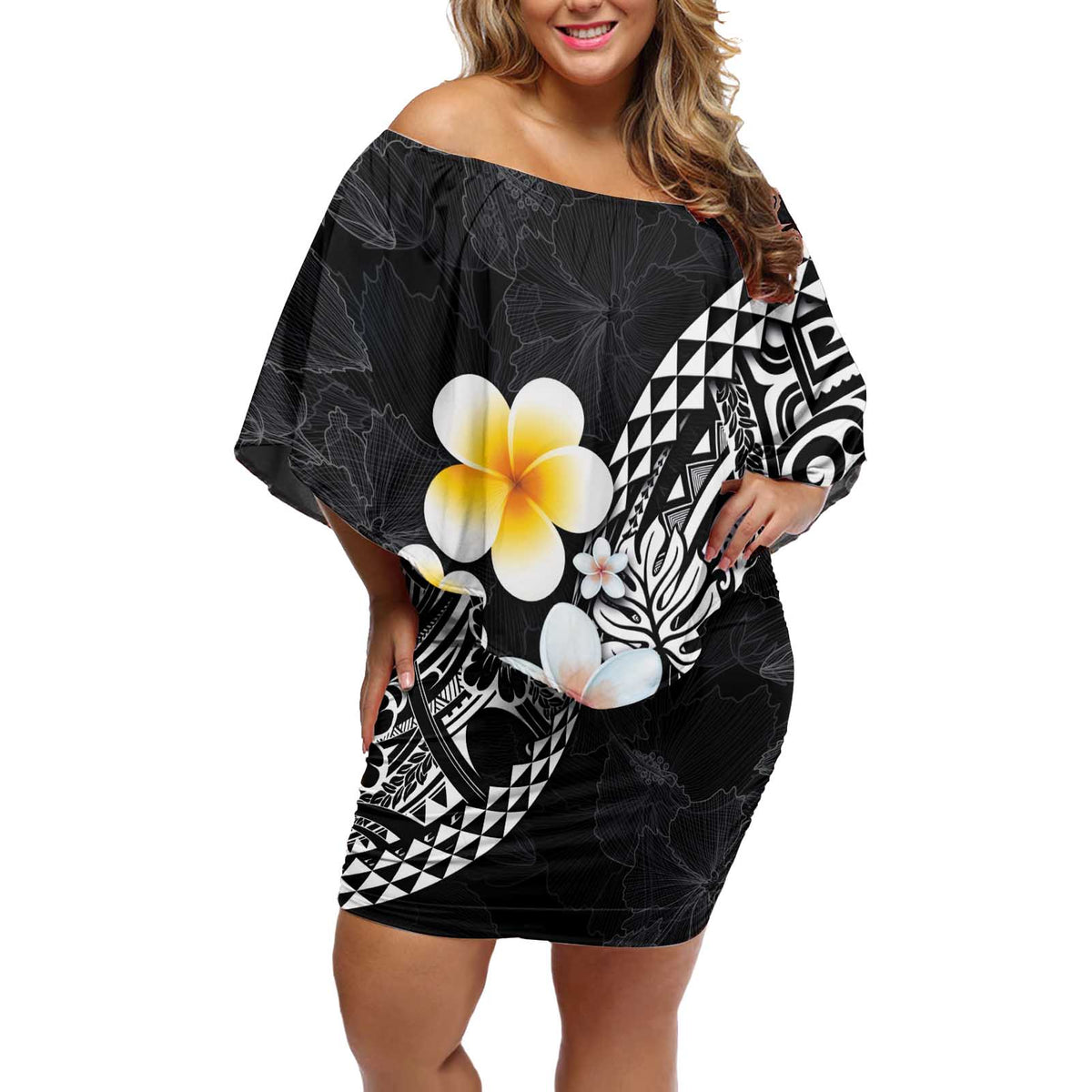 Hawaiian Hibiscus and Plumeria Polynesian Tribal Tattoo Off Shoulder Short Dress Black Color LT03 Women Black - Polynesian Pride