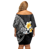 Hawaiian Hibiscus and Plumeria Polynesian Tribal Tattoo Off Shoulder Short Dress Black Color LT03 - Polynesian Pride