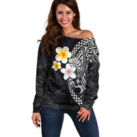 Hawaiian Hibiscus and Plumeria Polynesian Tribal Tattoo Off Shoulder Sweater Black Color LT03 Women Black - Polynesian Pride