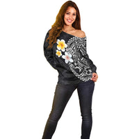 Hawaiian Hibiscus and Plumeria Polynesian Tribal Tattoo Off Shoulder Sweater Black Color LT03 - Polynesian Pride