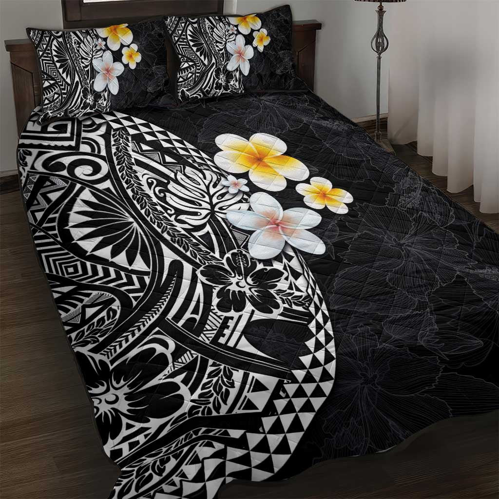 Hawaiian Hibiscus and Plumeria Polynesian Tribal Tattoo Quilt Bed Set Black Color LT03 Black - Polynesian Pride