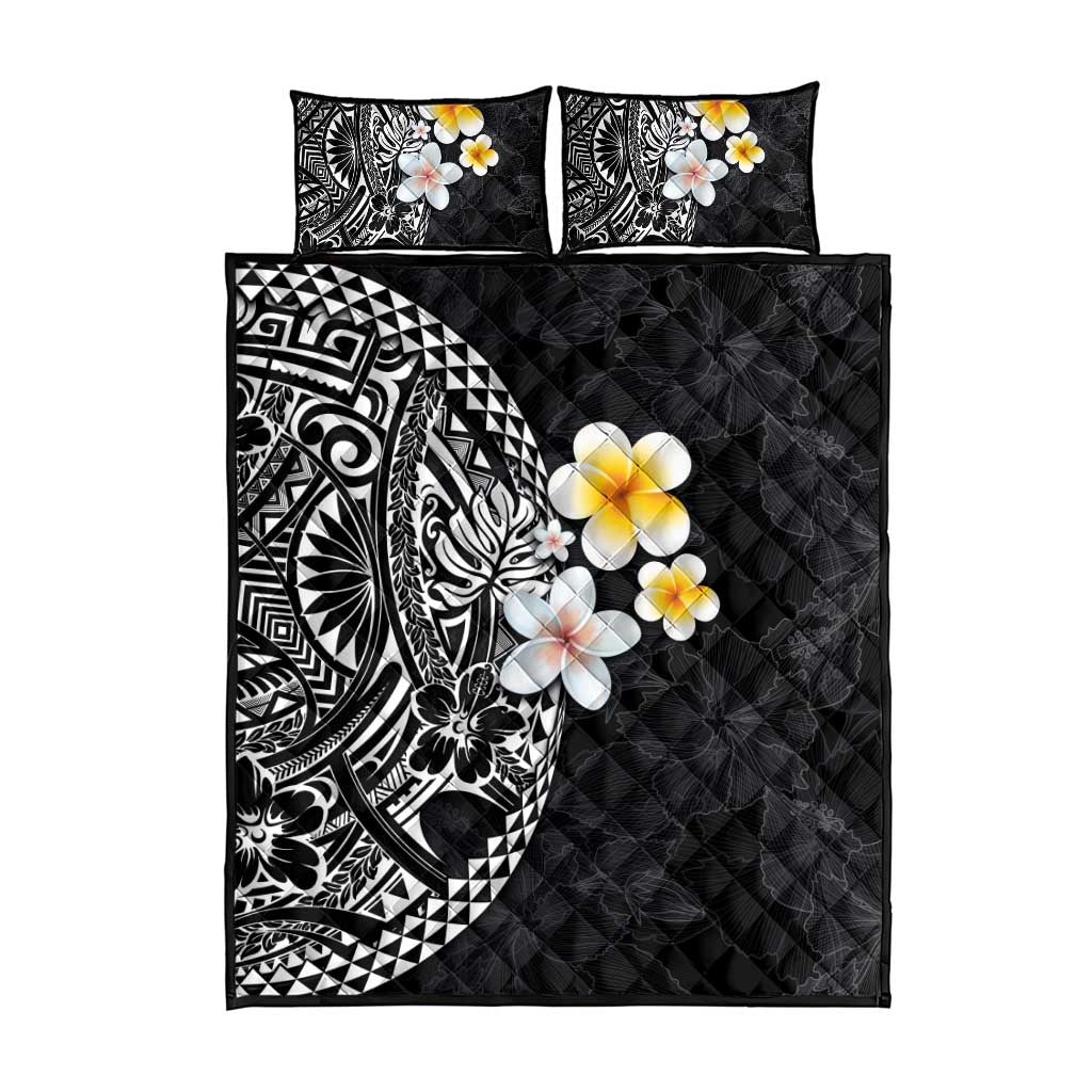 Hawaiian Hibiscus and Plumeria Polynesian Tribal Tattoo Quilt Bed Set Black Color LT03 - Polynesian Pride