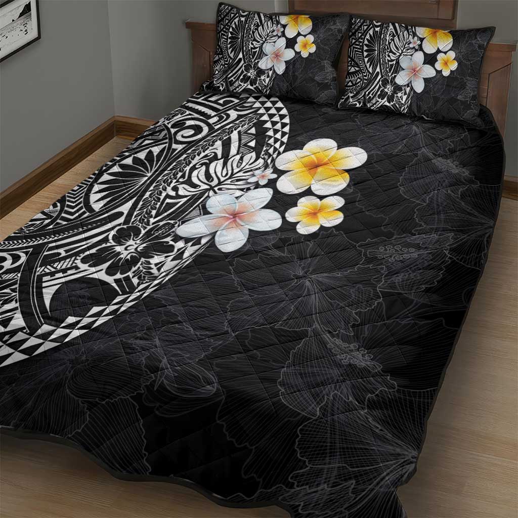 Hawaiian Hibiscus and Plumeria Polynesian Tribal Tattoo Quilt Bed Set Black Color LT03 - Polynesian Pride