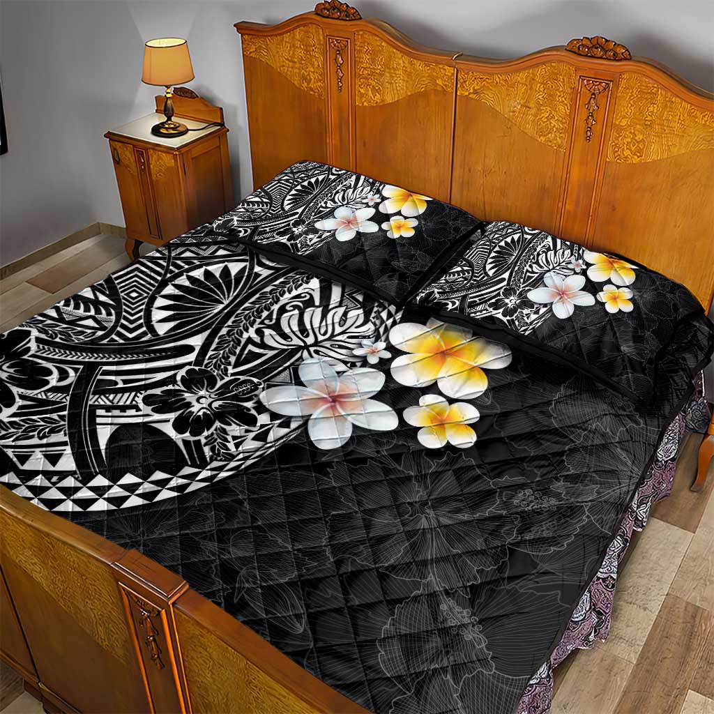 Hawaiian Hibiscus and Plumeria Polynesian Tribal Tattoo Quilt Bed Set Black Color LT03 - Polynesian Pride