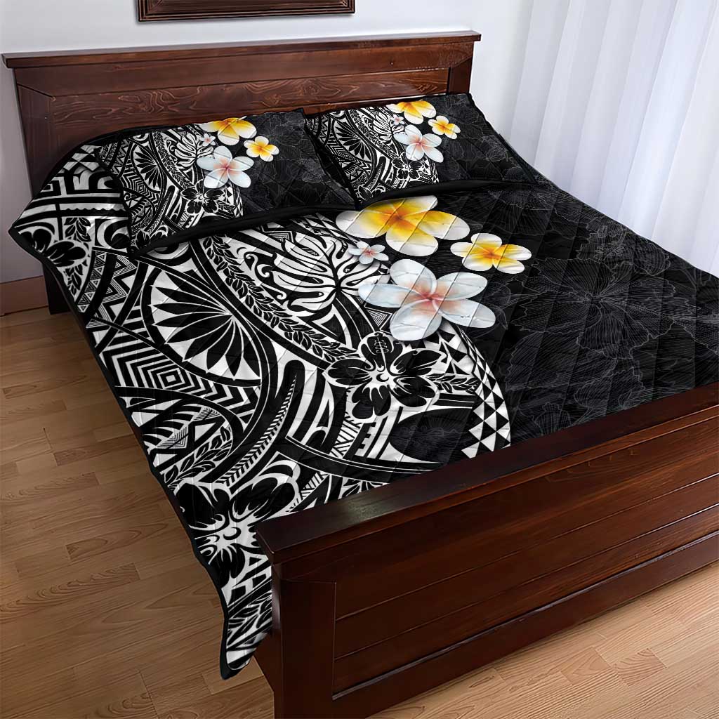 Hawaiian Hibiscus and Plumeria Polynesian Tribal Tattoo Quilt Bed Set Black Color LT03 - Polynesian Pride