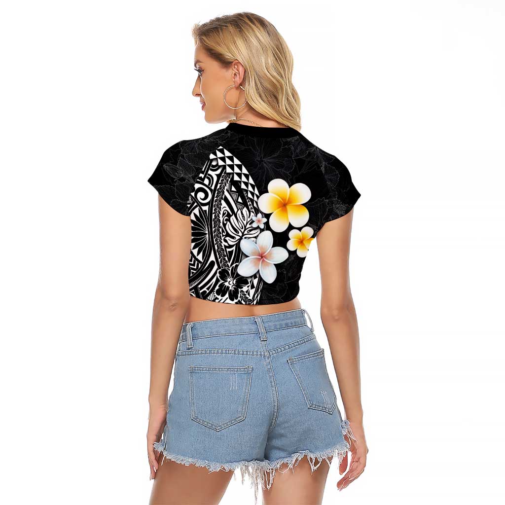 Hawaiian Hibiscus and Plumeria Polynesian Tribal Tattoo Raglan Cropped T Shirt Black Color LT03 - Polynesian Pride