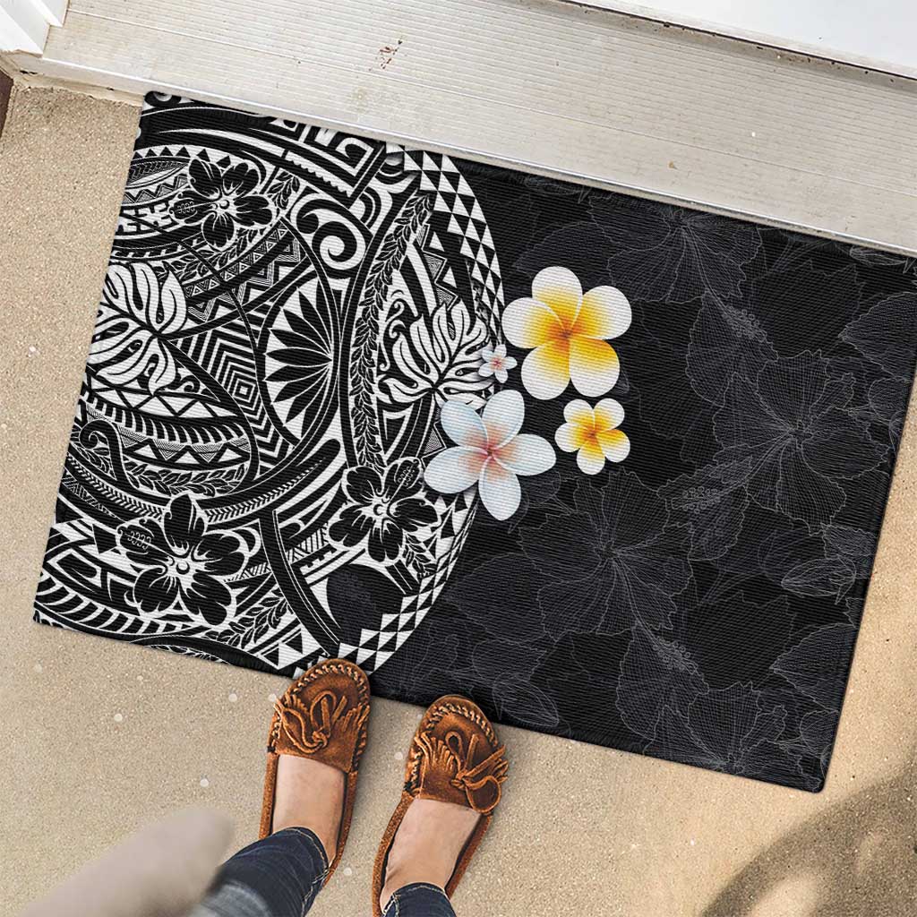 Hawaiian Hibiscus and Plumeria Polynesian Tribal Tattoo Rubber Doormat Black Color LT03 - Polynesian Pride