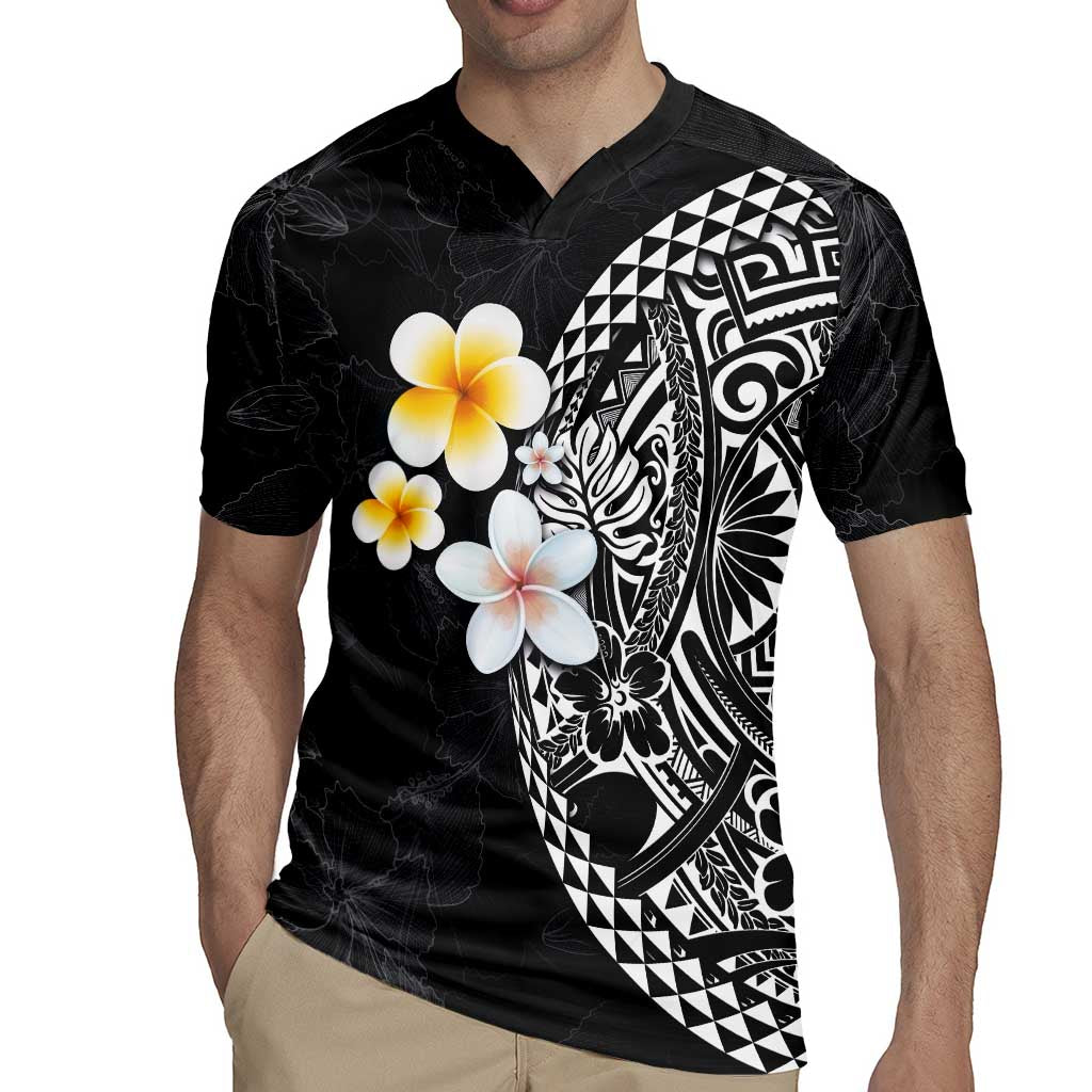 Hawaiian Hibiscus and Plumeria Polynesian Tribal Tattoo Rugby Jersey Black Color LT03 - Polynesian Pride