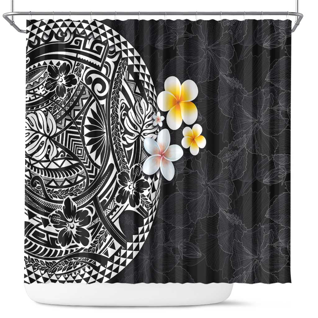 Hawaiian Hibiscus and Plumeria Polynesian Tribal Tattoo Shower Curtain Black Color LT03 Black - Polynesian Pride