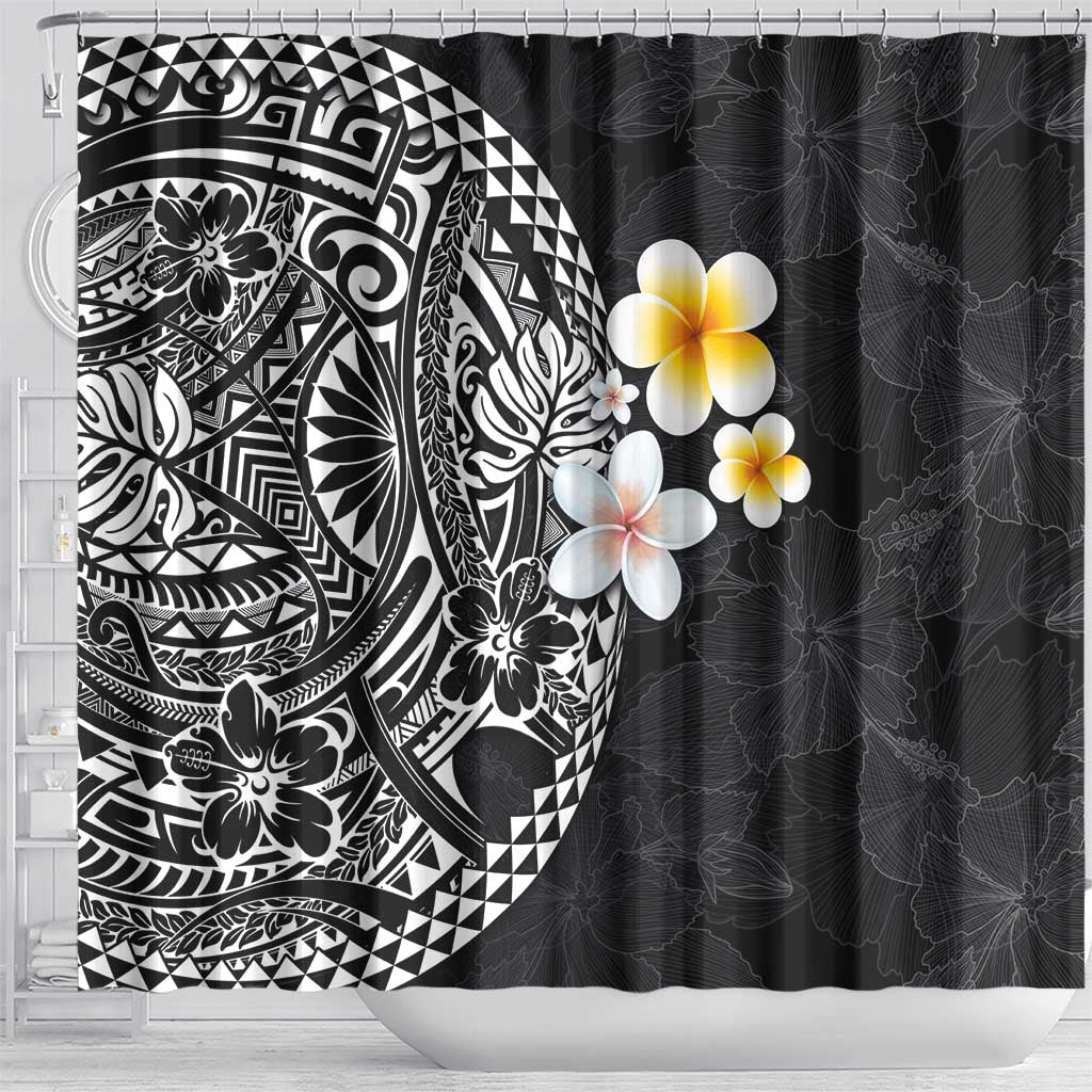Hawaiian Hibiscus and Plumeria Polynesian Tribal Tattoo Shower Curtain Black Color LT03 - Polynesian Pride