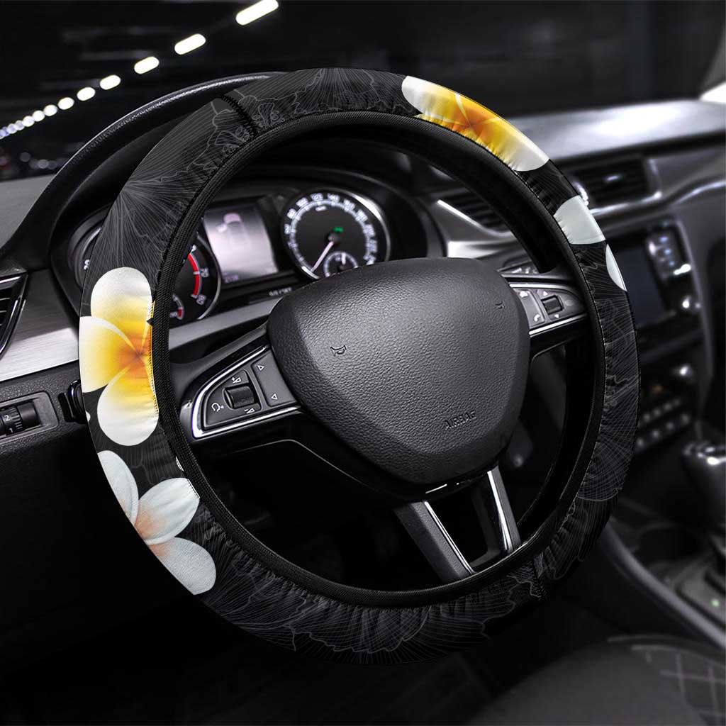 Hawaiian Hibiscus and Plumeria Polynesian Tribal Tattoo Steering Wheel Cover Black Color LT03 Universal Fit Black - Polynesian Pride