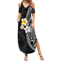 Hawaiian Hibiscus and Plumeria Polynesian Tribal Tattoo Summer Maxi Dress Black Color LT03 Women Black - Polynesian Pride