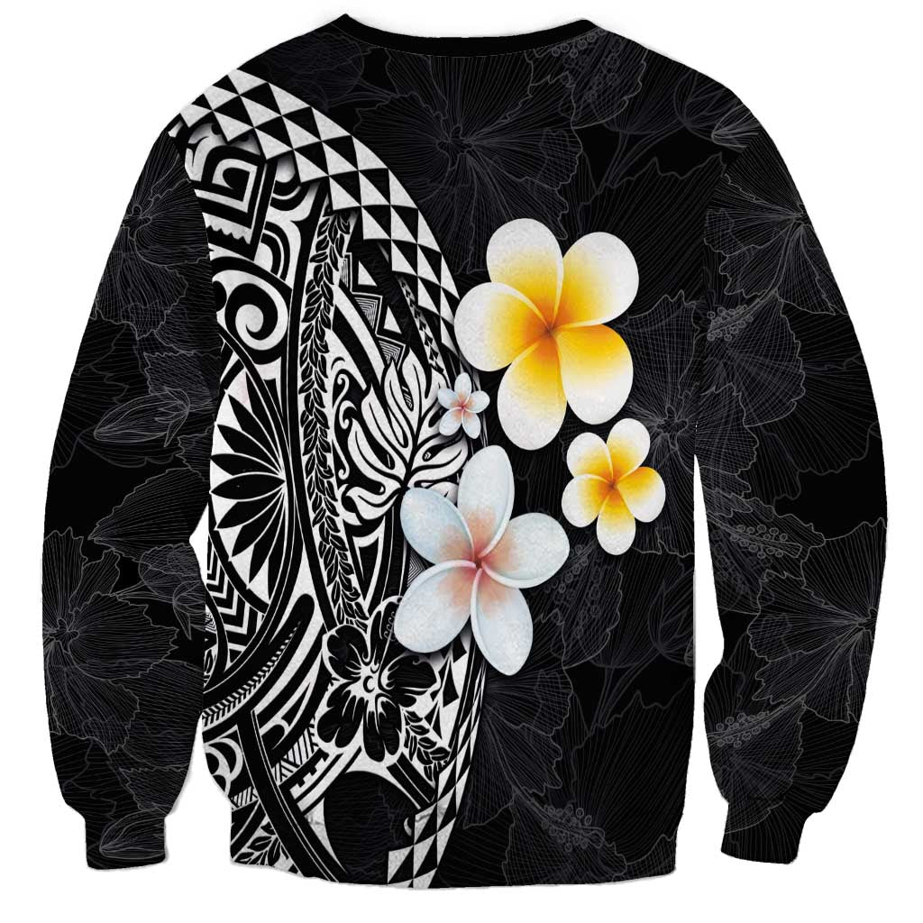 Hawaiian Hibiscus and Plumeria Polynesian Tribal Tattoo Sweatshirt Black Color