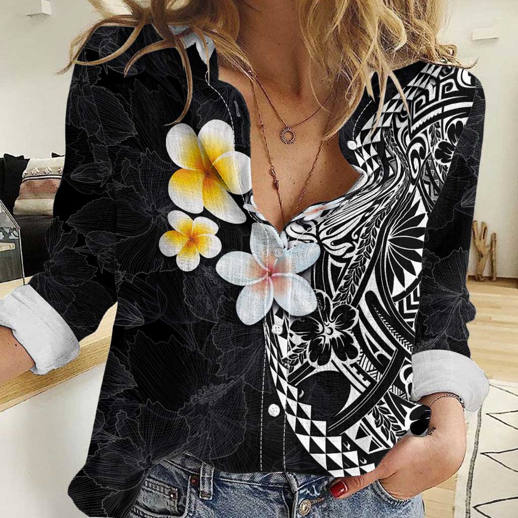 Hawaiian Hibiscus and Plumeria Polynesian Tribal Tattoo Women Casual Shirt Black Color LT03 Female Black - Polynesian Pride