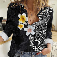 Hawaiian Hibiscus and Plumeria Polynesian Tribal Tattoo Women Casual Shirt Black Color LT03 Female Black - Polynesian Pride