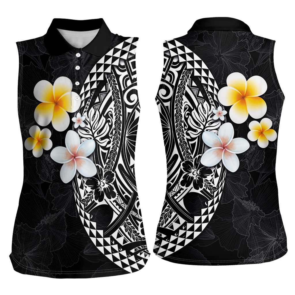 Hawaiian Hibiscus and Plumeria Polynesian Tribal Tattoo Women Sleeveless Polo Shirt Black Color LT03 - Polynesian Pride