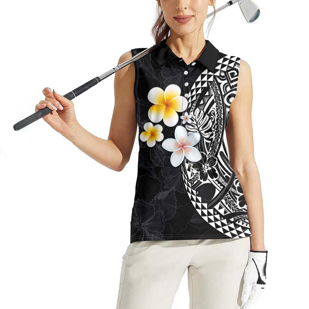 Hawaiian Hibiscus and Plumeria Polynesian Tribal Tattoo Women Sleeveless Polo Shirt Black Color LT03 - Polynesian Pride