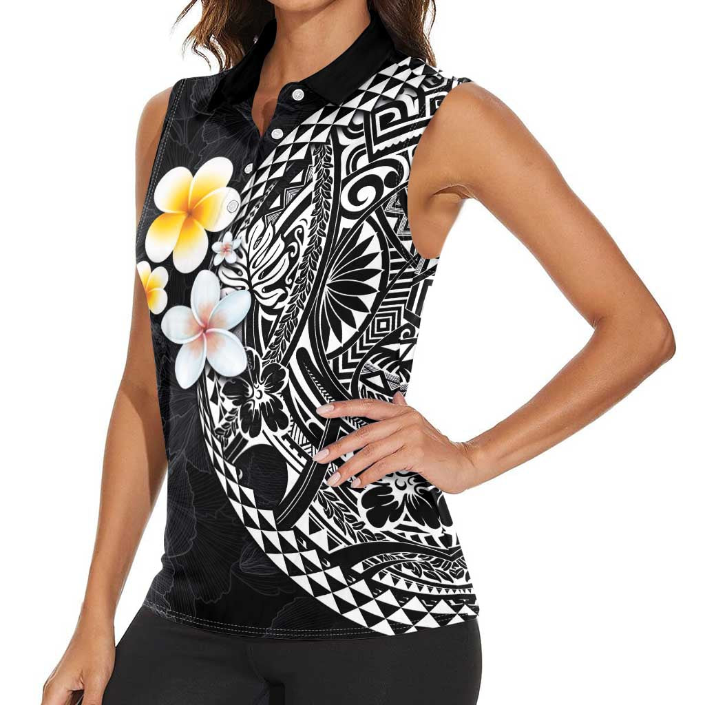 Hawaiian Hibiscus and Plumeria Polynesian Tribal Tattoo Women Sleeveless Polo Shirt Black Color LT03 - Polynesian Pride