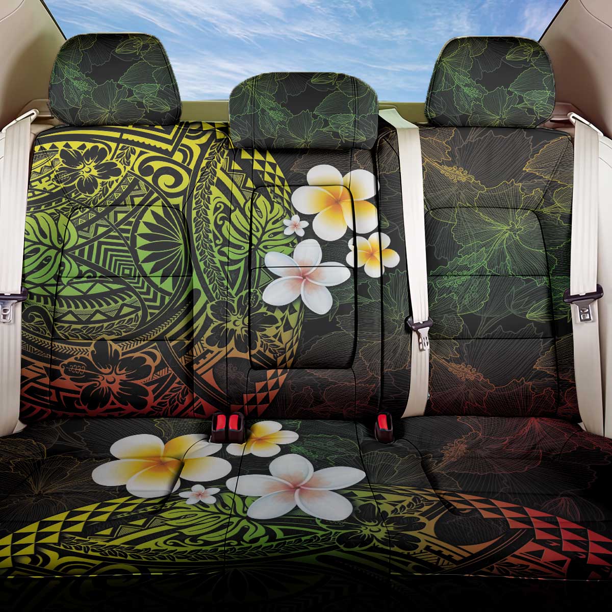 Hawaiian Hibiscus and Plumeria Polynesian Tribal Tattoo Back Car Seat Cover Reggae Color LT03 One Size Reggae - Polynesian Pride