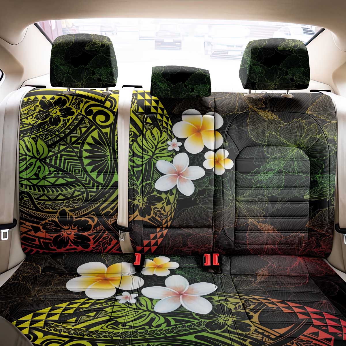 Hawaiian Hibiscus and Plumeria Polynesian Tribal Tattoo Back Car Seat Cover Reggae Color LT03 - Polynesian Pride