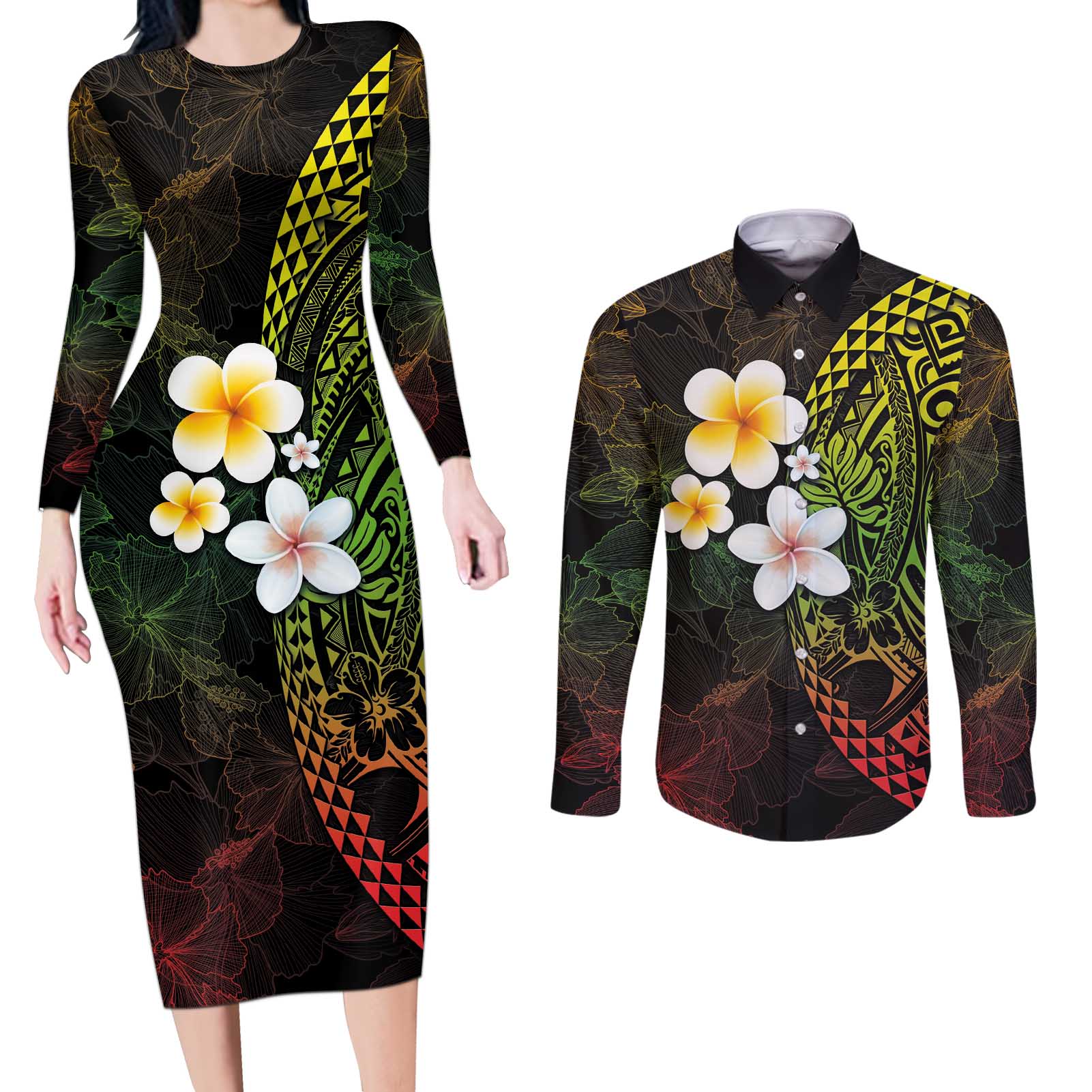 Hawaiian Hibiscus and Plumeria Polynesian Tribal Tattoo Couples Matching Long Sleeve Bodycon Dress and Long Sleeve Button Shirt Reggae Color