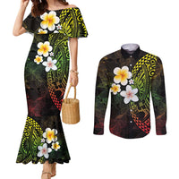 Hawaiian Hibiscus and Plumeria Polynesian Tribal Tattoo Couples Matching Mermaid Dress and Long Sleeve Button Shirt Reggae Color