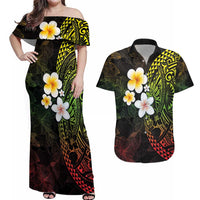 Hawaiian Hibiscus and Plumeria Polynesian Tribal Tattoo Couples Matching Off Shoulder Maxi Dress and Hawaiian Shirt Reggae Color LT03 Reggae - Polynesian Pride