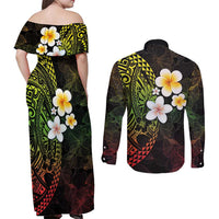 Hawaiian Hibiscus and Plumeria Polynesian Tribal Tattoo Couples Matching Off Shoulder Maxi Dress and Long Sleeve Button Shirt Reggae Color