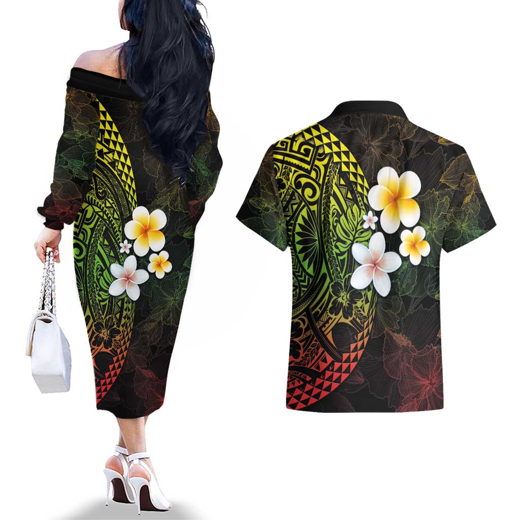 Hawaiian Hibiscus and Plumeria Polynesian Tribal Tattoo Couples Matching Off The Shoulder Long Sleeve Dress and Hawaiian Shirt Reggae Color