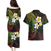 Hawaiian Hibiscus and Plumeria Polynesian Tribal Tattoo Couples Matching Puletasi and Hawaiian Shirt Reggae Color LT03 - Polynesian Pride