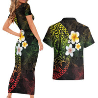 Hawaiian Hibiscus and Plumeria Polynesian Tribal Tattoo Couples Matching Short Sleeve Bodycon Dress and Hawaiian Shirt Reggae Color LT03 - Polynesian Pride