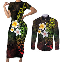Hawaiian Hibiscus and Plumeria Polynesian Tribal Tattoo Couples Matching Short Sleeve Bodycon Dress and Long Sleeve Button Shirt Reggae Color