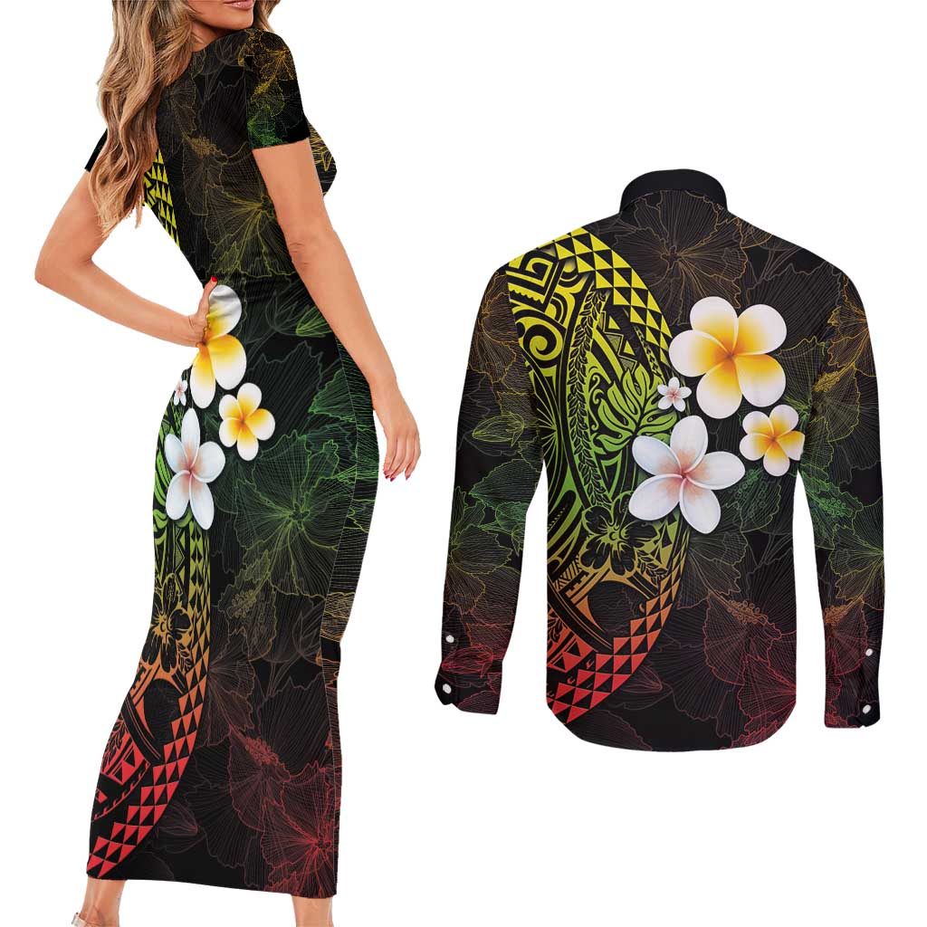 Hawaiian Hibiscus and Plumeria Polynesian Tribal Tattoo Couples Matching Short Sleeve Bodycon Dress and Long Sleeve Button Shirt Reggae Color