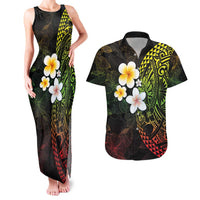 Hawaiian Hibiscus and Plumeria Polynesian Tribal Tattoo Couples Matching Tank Maxi Dress and Hawaiian Shirt Reggae Color
