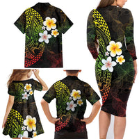 Hawaiian Hibiscus and Plumeria Polynesian Tribal Tattoo Family Matching Long Sleeve Bodycon Dress and Hawaiian Shirt Reggae Color LT03 - Polynesian Pride