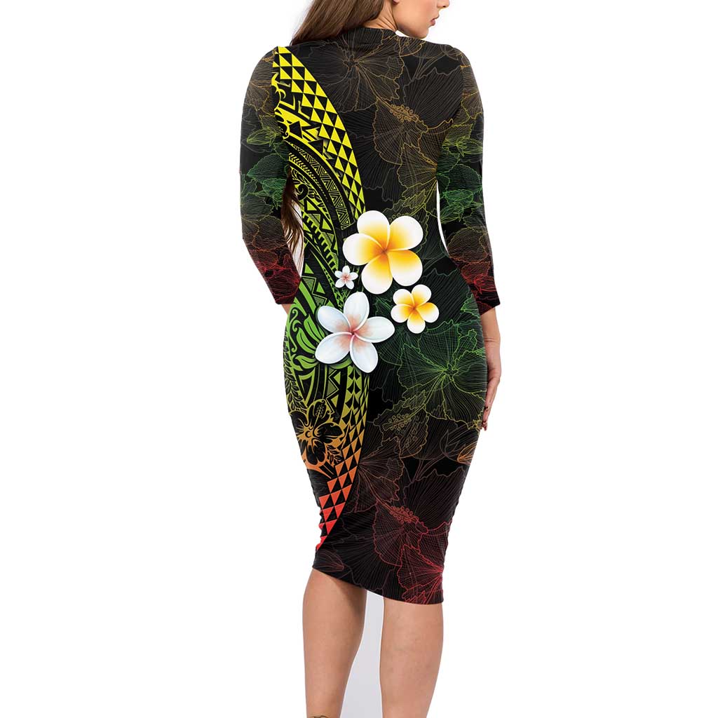 Hawaiian Hibiscus and Plumeria Polynesian Tribal Tattoo Family Matching Long Sleeve Bodycon Dress and Hawaiian Shirt Reggae Color LT03 - Polynesian Pride