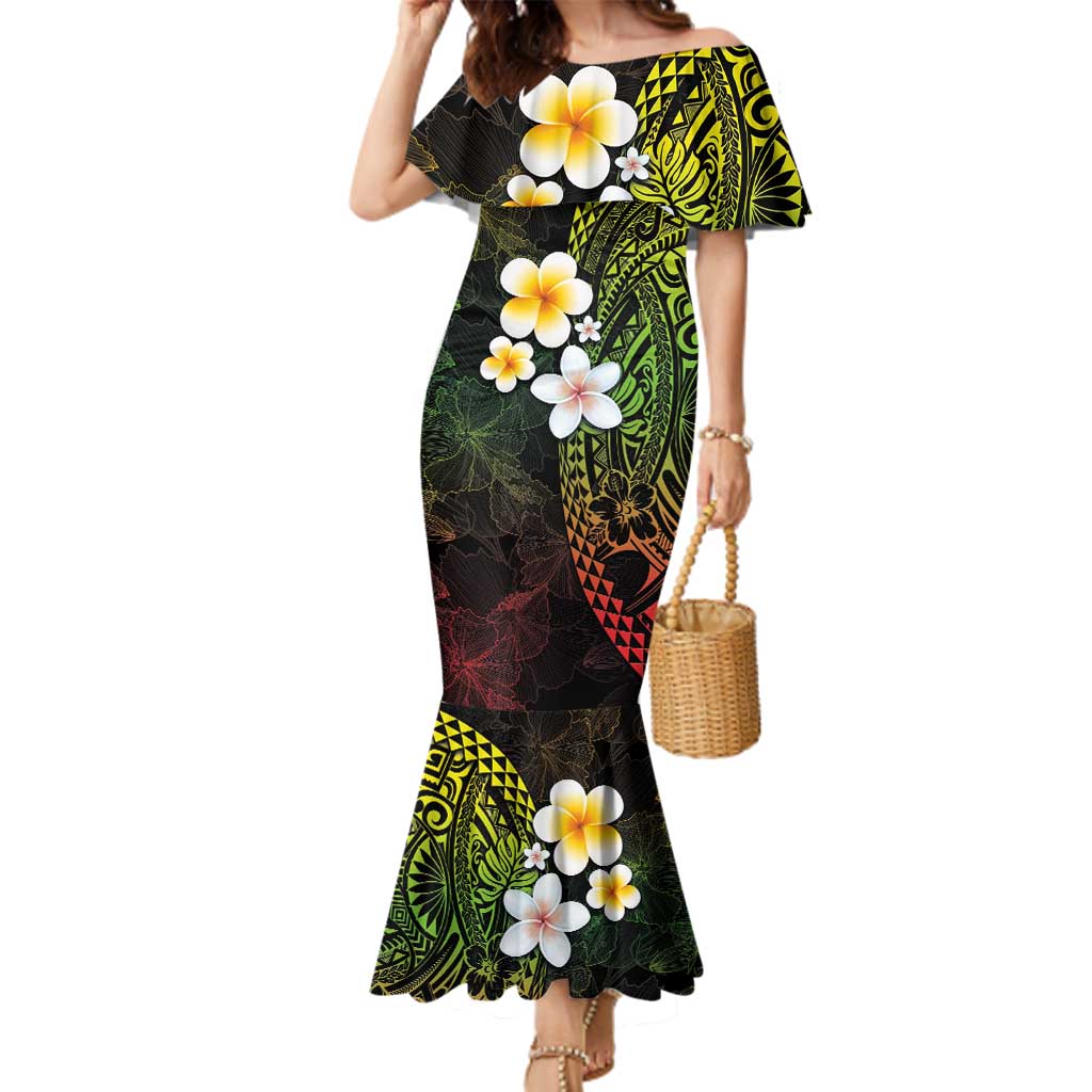 Hawaiian Hibiscus and Plumeria Polynesian Tribal Tattoo Family Matching Mermaid Dress and Hawaiian Shirt Reggae Color LT03 Mom's Dress Reggae - Polynesian Pride