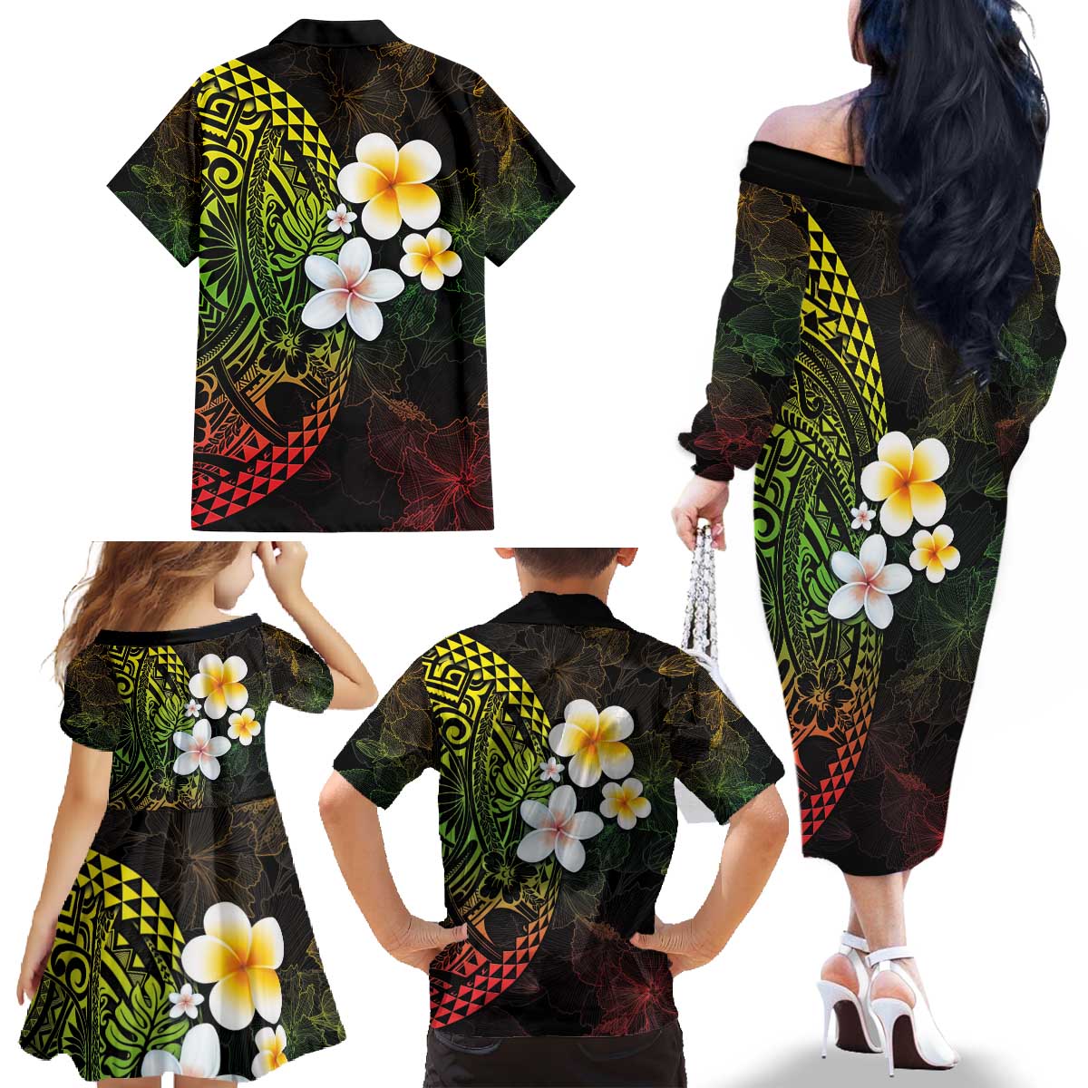 Hawaiian Hibiscus and Plumeria Polynesian Tribal Tattoo Family Matching Off The Shoulder Long Sleeve Dress and Hawaiian Shirt Reggae Color LT03 - Polynesian Pride