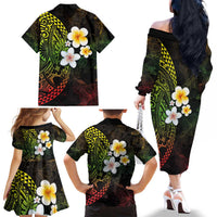Hawaiian Hibiscus and Plumeria Polynesian Tribal Tattoo Family Matching Off The Shoulder Long Sleeve Dress and Hawaiian Shirt Reggae Color LT03 - Polynesian Pride