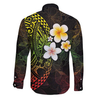 Hawaiian Hibiscus and Plumeria Polynesian Tribal Tattoo Family Matching Off The Shoulder Long Sleeve Dress and Hawaiian Shirt Reggae Color LT03 - Polynesian Pride