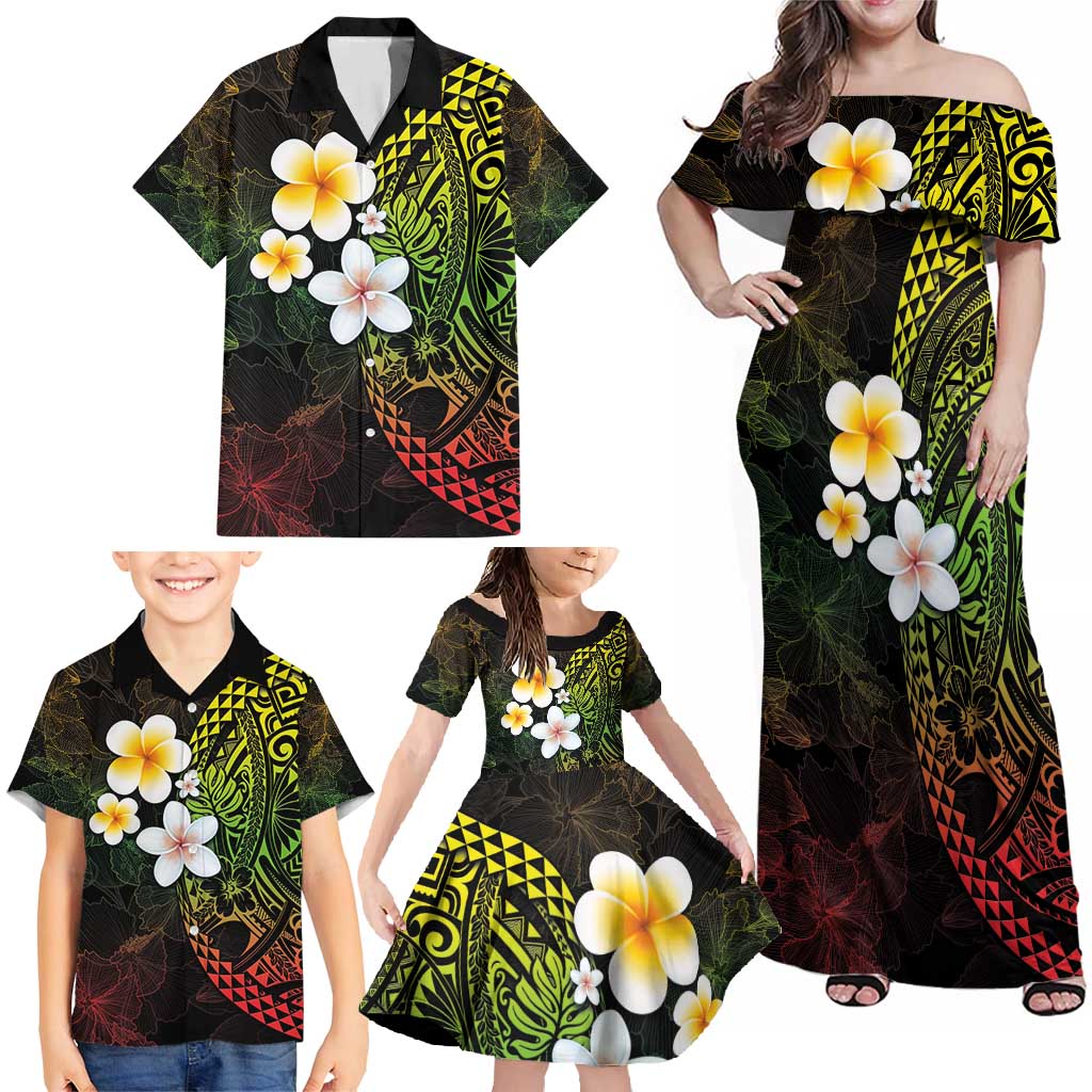 Hawaiian Hibiscus and Plumeria Polynesian Tribal Tattoo Family Matching Off Shoulder Maxi Dress and Hawaiian Shirt Reggae Color LT03 - Polynesian Pride