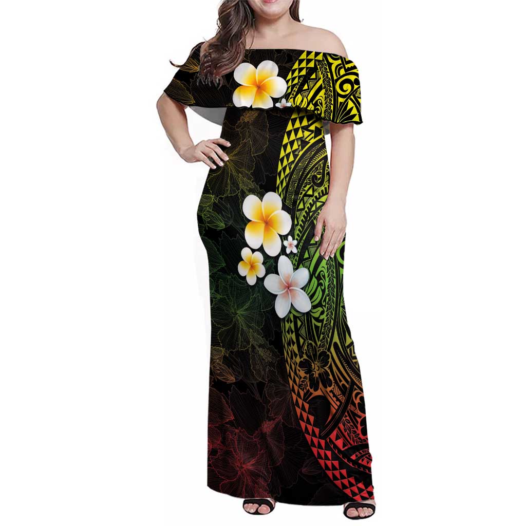 Hawaiian Hibiscus and Plumeria Polynesian Tribal Tattoo Family Matching Off Shoulder Maxi Dress and Hawaiian Shirt Reggae Color LT03 Mom's Dress Reggae - Polynesian Pride