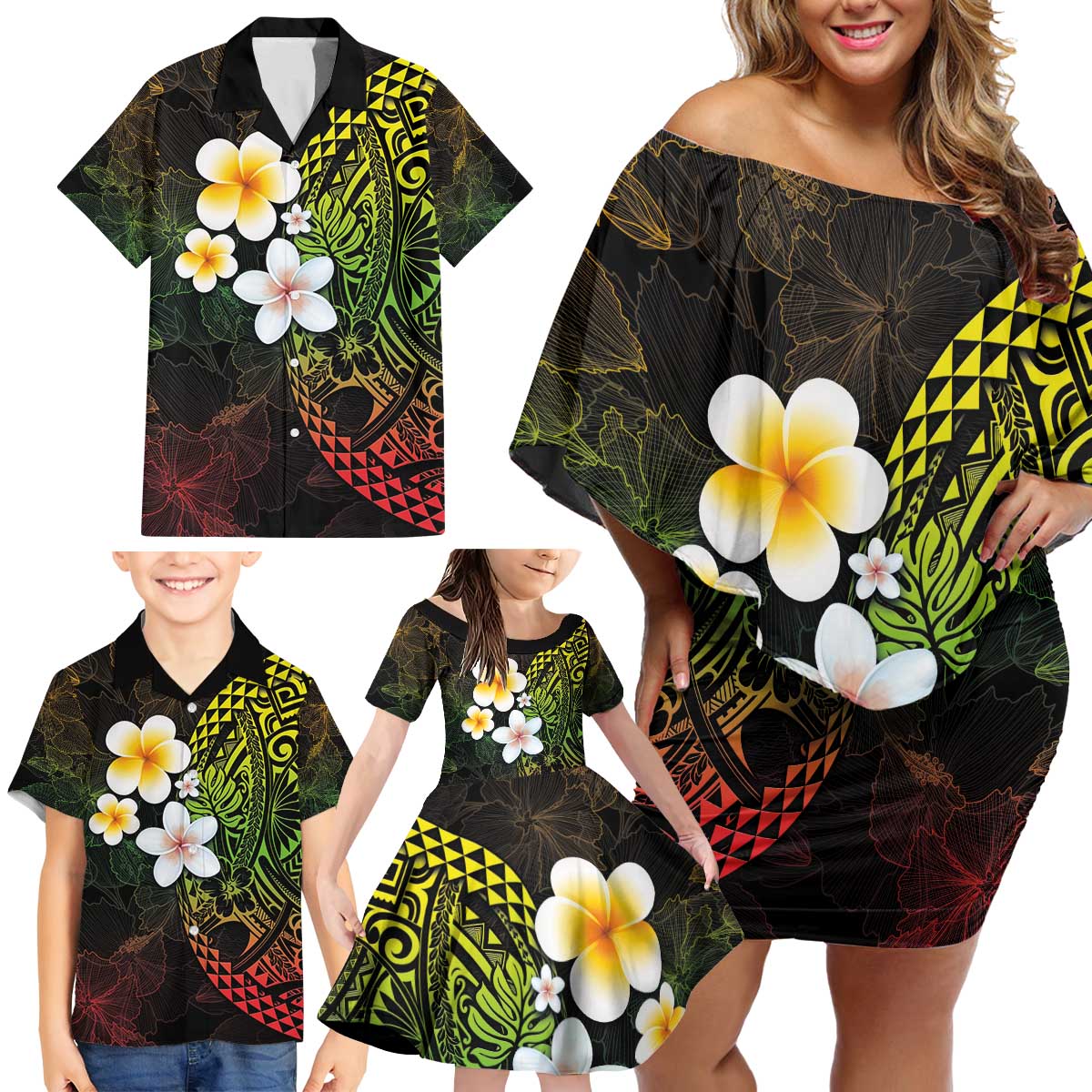 Hawaiian Hibiscus and Plumeria Polynesian Tribal Tattoo Family Matching Off Shoulder Short Dress and Hawaiian Shirt Reggae Color LT03 - Polynesian Pride