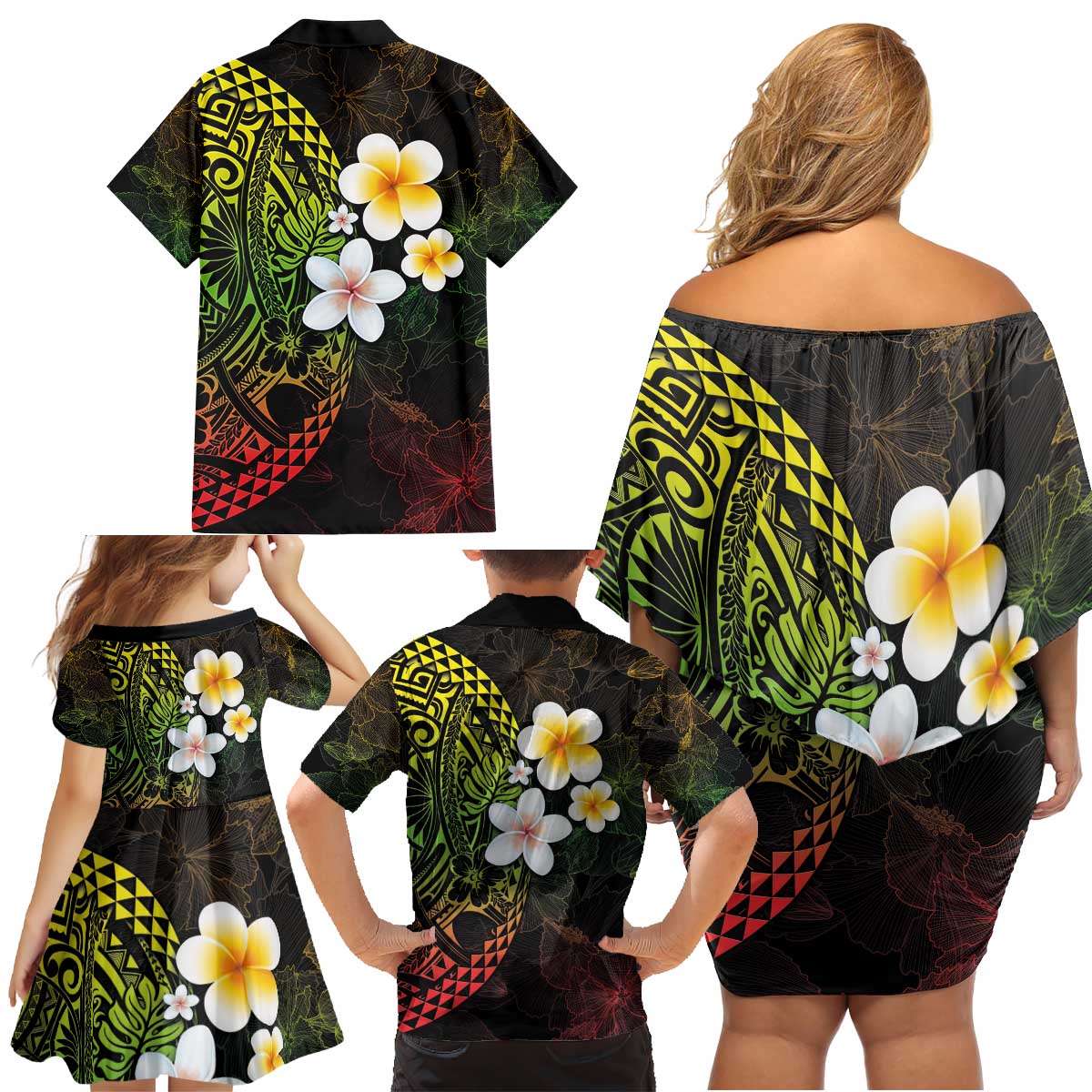 Hawaiian Hibiscus and Plumeria Polynesian Tribal Tattoo Family Matching Off Shoulder Short Dress and Hawaiian Shirt Reggae Color LT03 - Polynesian Pride