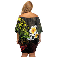 Hawaiian Hibiscus and Plumeria Polynesian Tribal Tattoo Family Matching Off Shoulder Short Dress and Hawaiian Shirt Reggae Color LT03 - Polynesian Pride