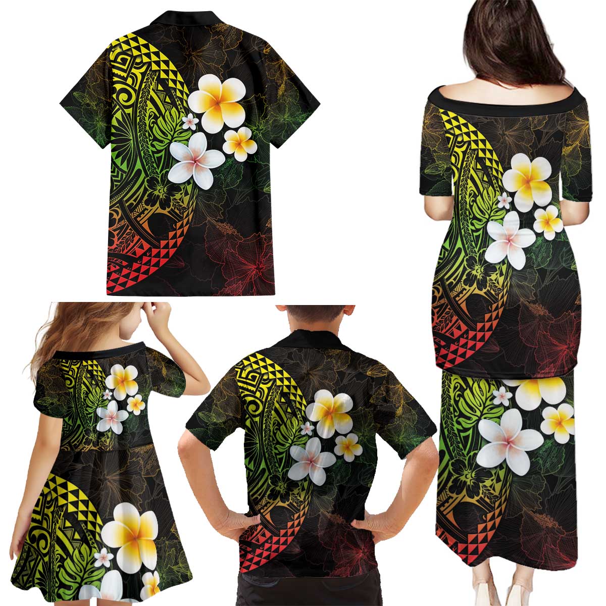 Hawaiian Hibiscus and Plumeria Polynesian Tribal Tattoo Family Matching Puletasi and Hawaiian Shirt Reggae Color LT03 - Polynesian Pride