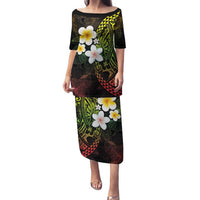 Hawaiian Hibiscus and Plumeria Polynesian Tribal Tattoo Family Matching Puletasi and Hawaiian Shirt Reggae Color LT03 Mom's Dress Reggae - Polynesian Pride