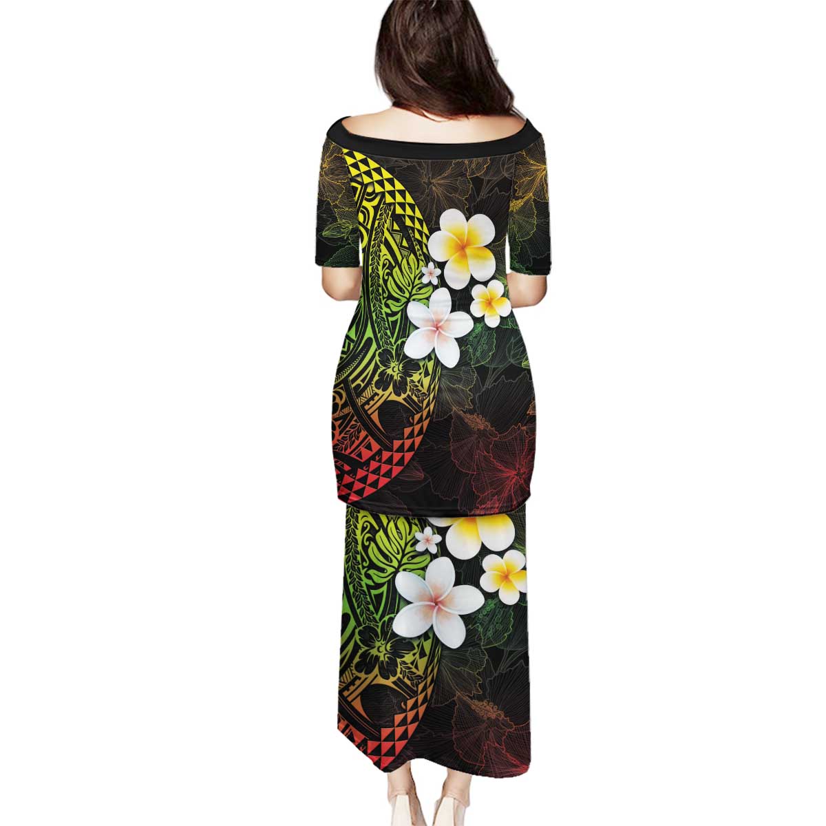 Hawaiian Hibiscus and Plumeria Polynesian Tribal Tattoo Family Matching Puletasi and Hawaiian Shirt Reggae Color LT03 - Polynesian Pride