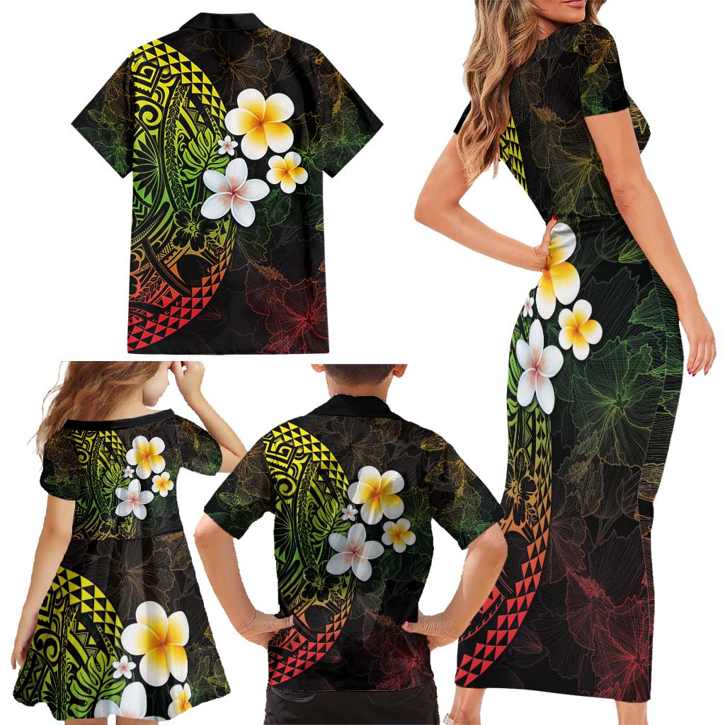 Hawaiian Hibiscus and Plumeria Polynesian Tribal Tattoo Family Matching Short Sleeve Bodycon Dress and Hawaiian Shirt Reggae Color LT03 - Polynesian Pride