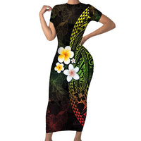 Hawaiian Hibiscus and Plumeria Polynesian Tribal Tattoo Family Matching Short Sleeve Bodycon Dress and Hawaiian Shirt Reggae Color LT03 Mom's Dress Reggae - Polynesian Pride